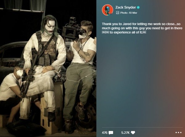 Screenshot of Vero post by Zack Snyder thanking Leto for his work as the Joker.